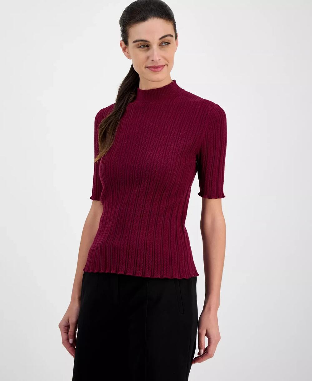 Anne Klein mock-neck ribbed knit top Burgundy Size M 1367